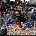 Colorful Amusement Park With Slides Mini Train Decorative Buildings And Lights