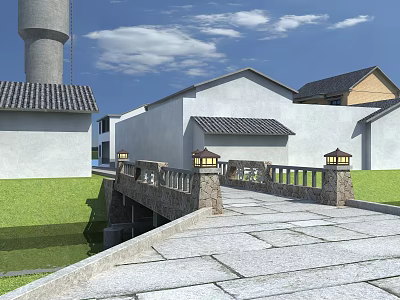 Traditional Chinese Garden Landscape with Stone Bridge Lanterns Tile Roofs and Green Grass 3d model