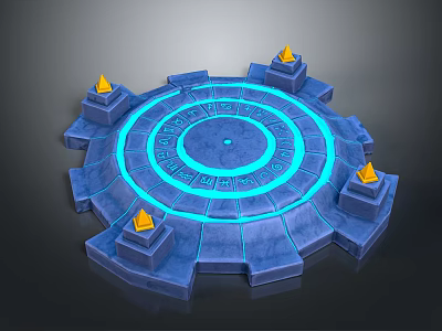 Mystical Blue Circular Platform With Glowing Runes And Yellow Flame Towers 3d model