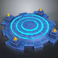 Mystical Blue Circular Platform With Glowing Runes And Yellow Flame Towers