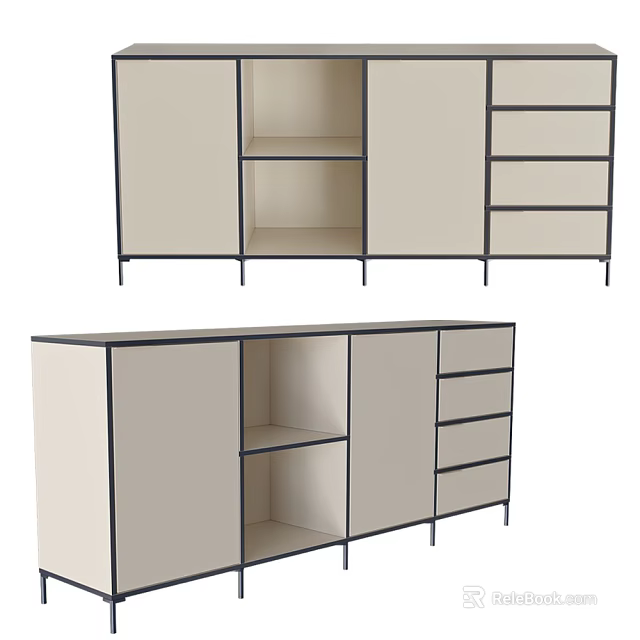 Modern Light Colored Sideboard Cabinet With Doors Drawers Black Frame And Storage Design 3d model 
