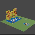 Yellow Cube Structure With Red Patterns On Blue Platform And Small Figures 3d model