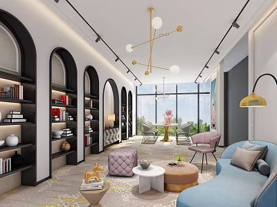 Modern Living Room Interior Design With Open Bookshelves Sofa Chandelier And Floor To Ceiling Windows 3d model