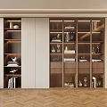 Elegant Modern Wooden Display Shelves With Books Decorative Items And Herringbone Floor