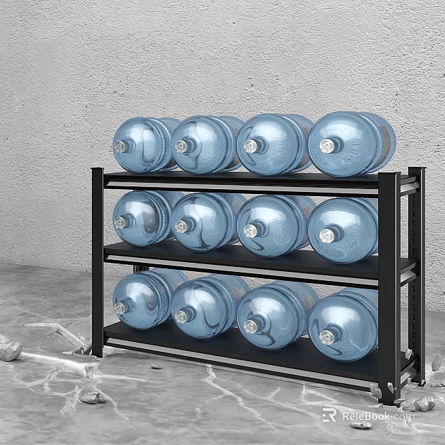 Three Tier Metal Storage Shelf With Blue Water Jugs Display And Organized Arrangement 3d model 