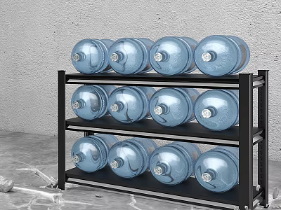Three Tier Metal Storage Shelf With Blue Water Jugs Display And Organized Arrangement 3d model