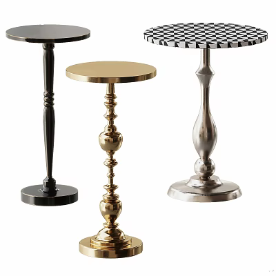 Three Different Metal Side Tables With Ornate Bases And Round Tops In Gold Silver Black 3d model