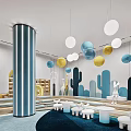 Colorful Kids Activity Space With Hanging Decorative Balls Cactus Rabbit Ornaments And White Stools