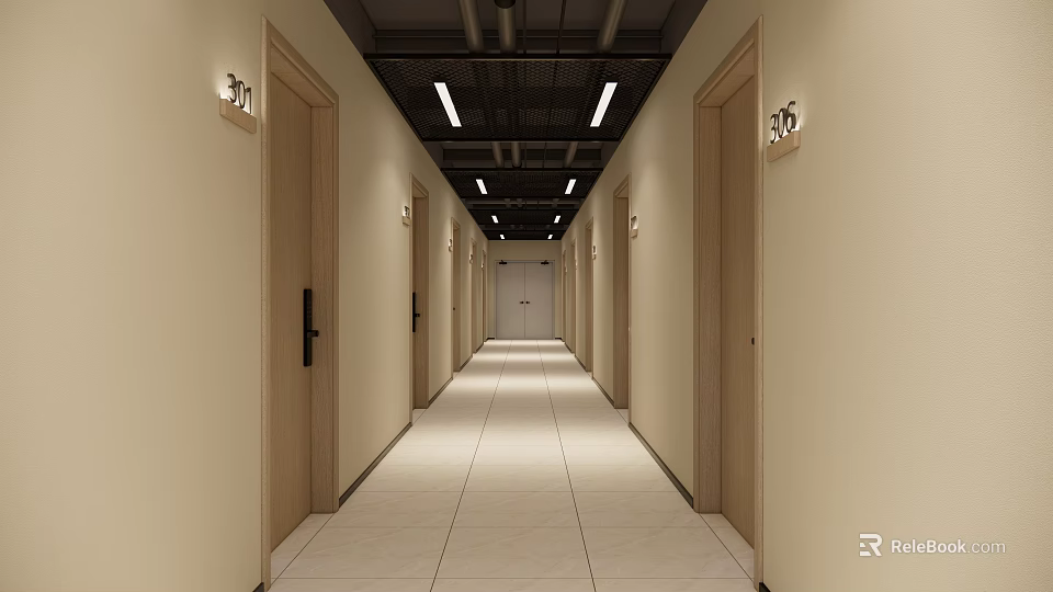 Elevator Hallway With Wooden Doors Room Numbers And Ceiling Lights 3d model 