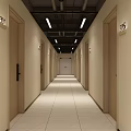 Elevator Hallway With Wooden Doors Room Numbers And Ceiling Lights