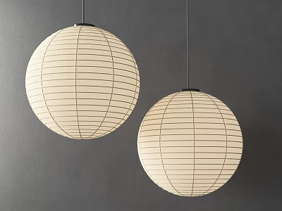Two Round Striped Paper Pendant Lights Hanging Against Gray Wall Background 3d model