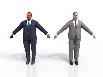 Two Men in Dark Blue and Gray Suits with Arms Outstretched Against White Background 3d model