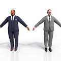 Two Men in Dark Blue and Gray Suits with Arms Outstretched Against White Background