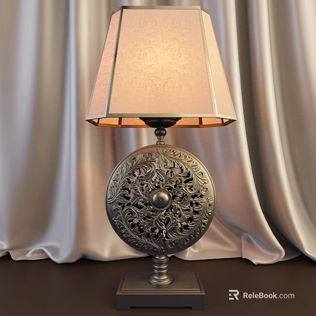 Decorative Table Lamp With Intricate Carved Metallic Base And Fabric Shade Against Velvet Curtains 3d model 