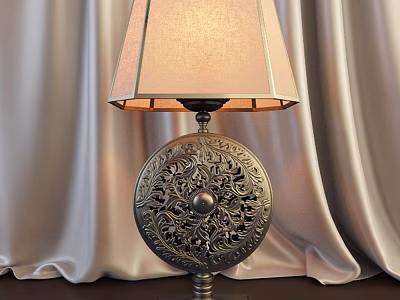 Decorative Table Lamp With Intricate Carved Metallic Base And Fabric Shade Against Velvet Curtains 3d model