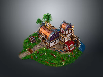 Charming Scenery with Colorful Cottages Windmill Palm Trees Green Grass Pathway 3d model