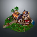 Charming Scenery with Colorful Cottages Windmill Palm Trees Green Grass Pathway