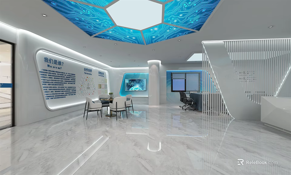 Modern Exhibition Hall Interior Design With Blue Ceiling White Walls And Display Areas 3d model 