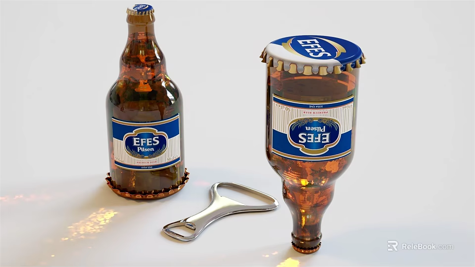 Brown Wine Bottle And Glass With Blue Label And Bottle Opener On White Background 3d model 