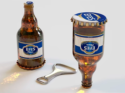 Brown Wine Bottle And Glass With Blue Label And Bottle Opener On White Background 3d model