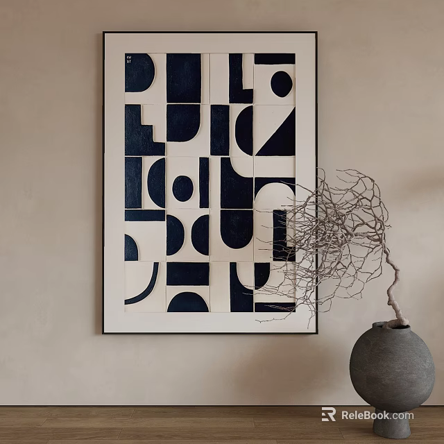 Abstract Painting With Blue White Geometric Shapes On Wall 3d model