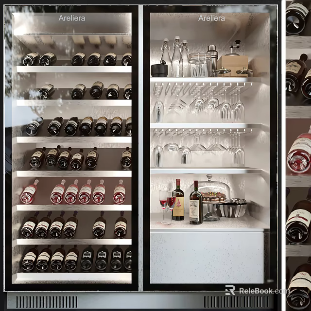 Stylish Wine Cabinet With Neatly Arranged Wine Bottles And Hanging Glasses 3d model 