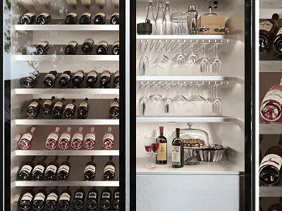 Stylish Wine Cabinet With Neatly Arranged Wine Bottles And Hanging Glasses 3d model