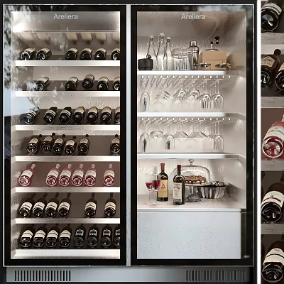 Stylish Wine Cabinet With Neatly Arranged Wine Bottles And Hanging Glasses 3d model