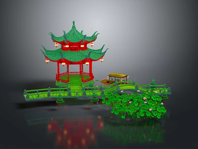 Traditional Chinese Garden Pavilion Featuring Green Roof Red Pillars Bridge And Lotus Plants 3d model