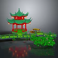 Traditional Chinese Garden Pavilion Featuring Green Roof Red Pillars Bridge And Lotus Plants