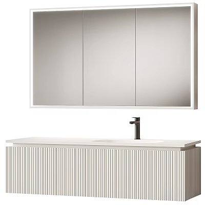 Modern Bathroom Washbasin Vanity With Triple Mirror Cabinet And Vertical Striped Design 3d model