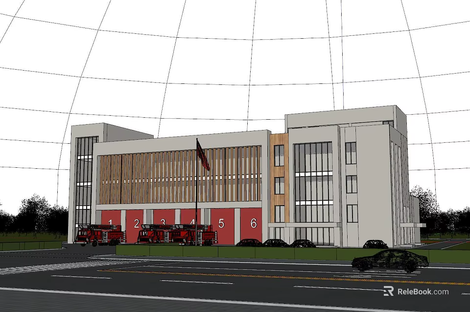 Modern Fire Station Building Exterior With Red Fire Trucks And Flag 3d model 