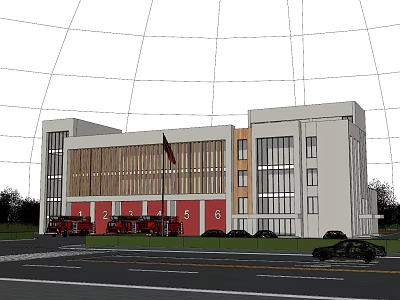 Modern Fire Station Building Exterior With Red Fire Trucks And Flag 3d model
