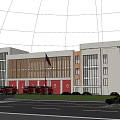 Modern Fire Station Building Exterior With Red Fire Trucks And Flag