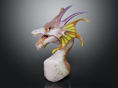 Dragon Head Sculpture Featuring Purple Horns Yellow Wings Open Mouth Fangs And White Spotted Base 3d model