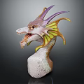 Dragon Head Sculpture Featuring Purple Horns Yellow Wings Open Mouth Fangs And White Spotted Base