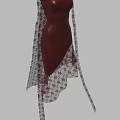 Elegant Burgundy Asymmetric Dress With Long Lace Sleeves And Patterned Details