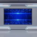 Futuristic Tech Display Wall With Blue Digital Screen And Glowing White Frames 3d model