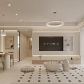 Modern Living and Dining Room Interior With Sofa Coffee Table Geometric Rug And Pendant Lights