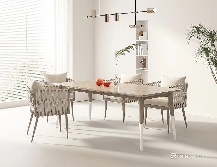 Modern Dining Table Set With Woven Chairs Red Fruits In Bright Room And Plant Decor 3d model 