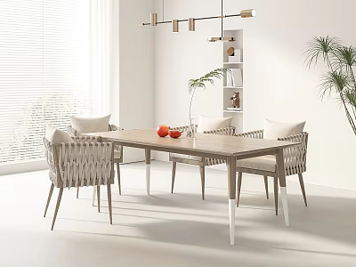 Modern Dining Table Set With Woven Chairs Red Fruits In Bright Room And Plant Decor 3d model