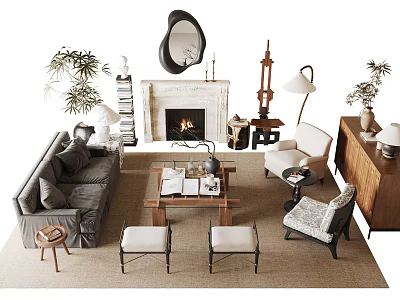 Elegant Living Room With Sofa Coffee Table Set Fireplace Decorative Mirror And Armchairs 3d model