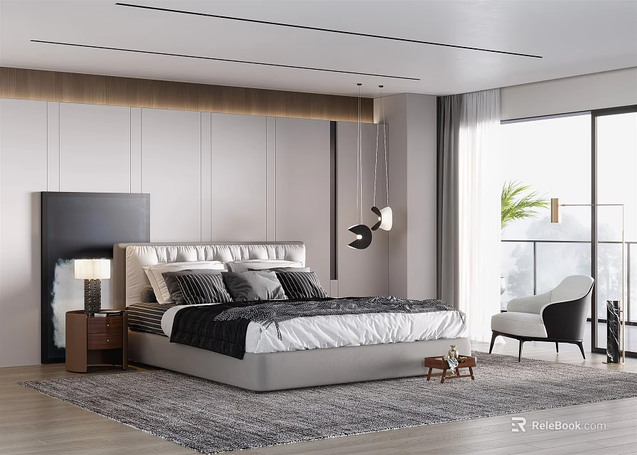 Modern Bedroom Interior Design With Upholstered Headboard Large Bed Wooden Floor And Area Rug 3d model 