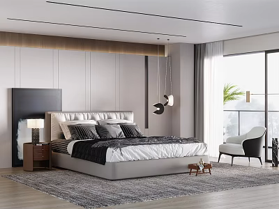 Modern Bedroom Interior Design With Upholstered Headboard Large Bed Wooden Floor And Area Rug 3d model