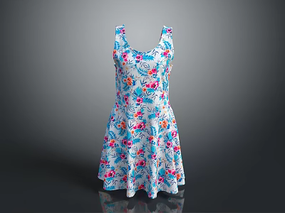 White Sleeveless Dress With Colorful Floral Pattern And A line Skirt 3d model