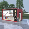 Container Buildings Transformed into Modern Retail Kiosks with Glass Windows Brand Logos and Outdoor Trees
