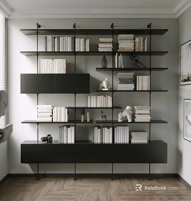 Modern Black Multi tiered Bookcase With Stacked Books And Decorative Items 3d model 