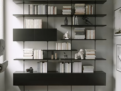 Modern Black Multi tiered Bookcase With Stacked Books And Decorative Items 3d model