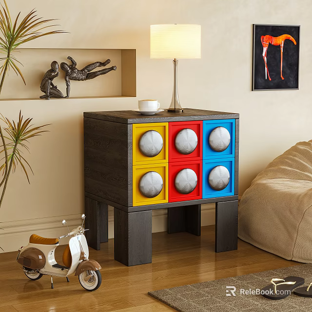 Dark Wood Bedside Table With Yellow Red Blue Drawers White Circular Knobs And Table Lamp 3d model