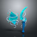 Blue Glowing Blade Weapon With Diamond Shaped Object Curved White Lines And Small Blue Fragments